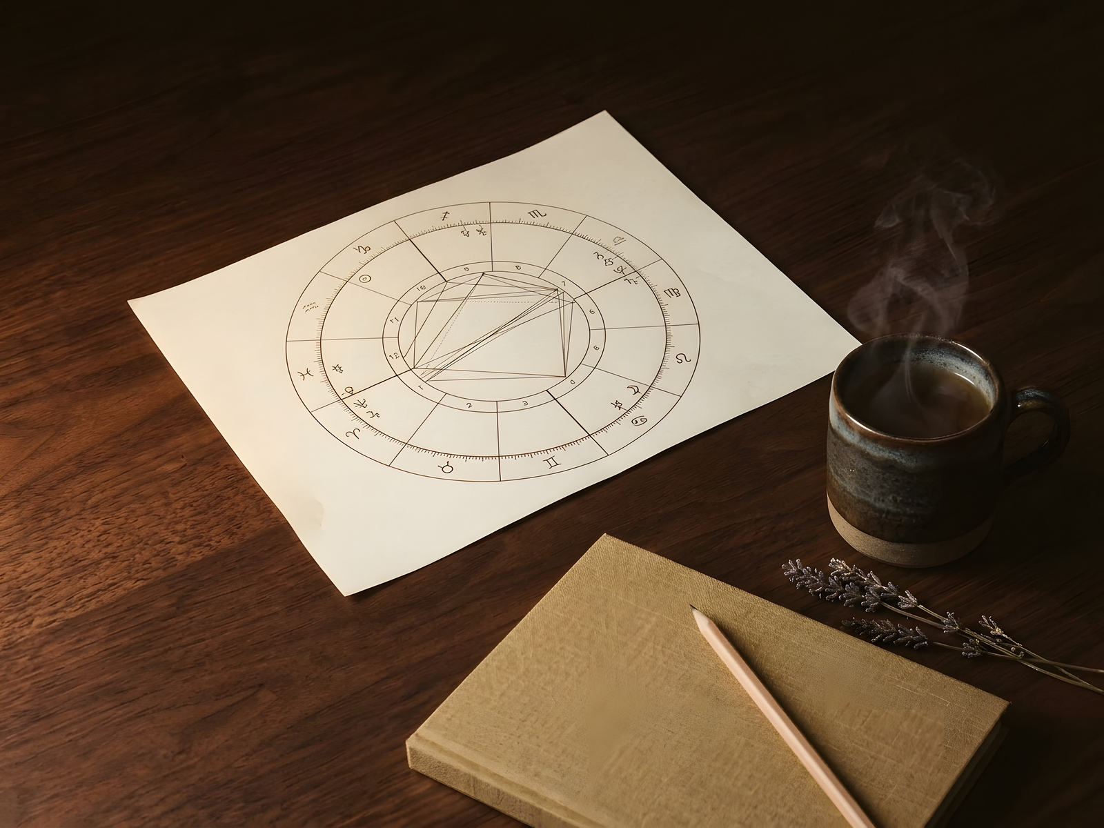 Carta natal impresa sobre una mesa de madera cálida, junto a un cuaderno, un lápiz y una taza de té humeante — Carta Natal e Interpretación